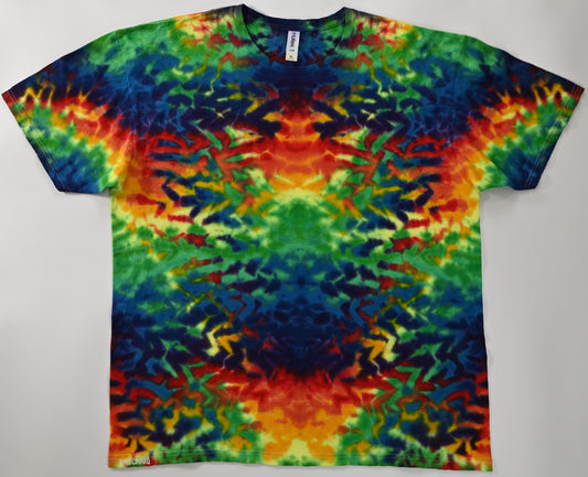XL UV Reactive (Psychedelic Sunshine + a Mixed Bright Green) Rainbow Rorschach Scrunch Tie Dye on a Tultex 290 Ringspun Cotton Shirt