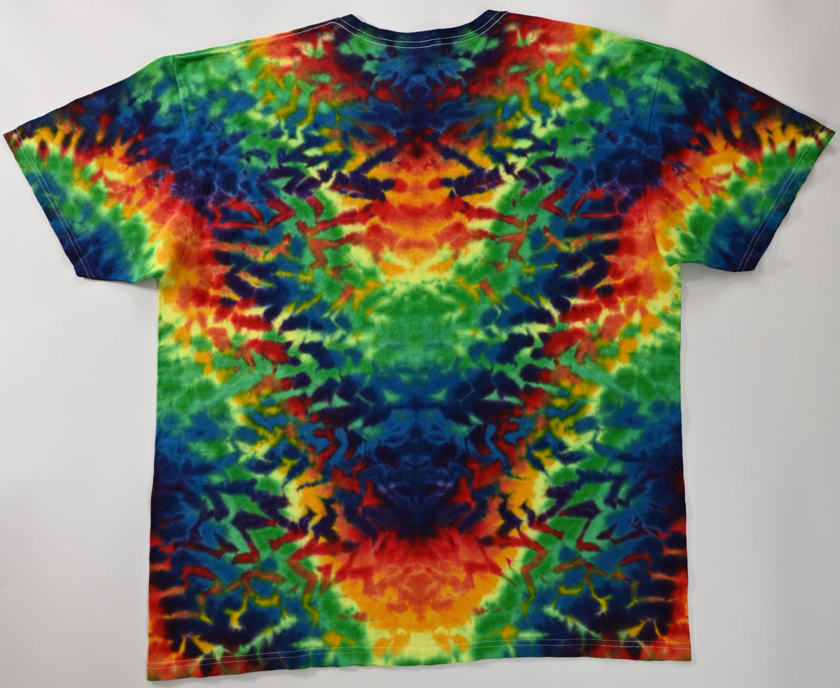 XL UV Reactive (Psychedelic Sunshine + a Mixed Bright Green) Rainbow Rorschach Scrunch Tie Dye on a Tultex 290 Ringspun Cotton Shirt