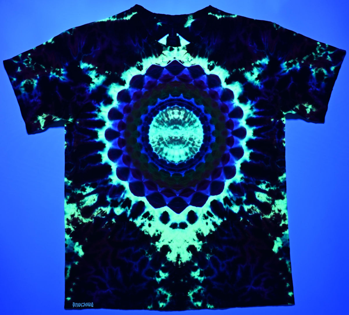 Large Heady UV Reactive 20pt Mandala w/ Ripple Cntr/Jagged Exclamation Point! Back Shield/Scrunch Tie Dye on a Gildan Ultra PFD  T-Shirt