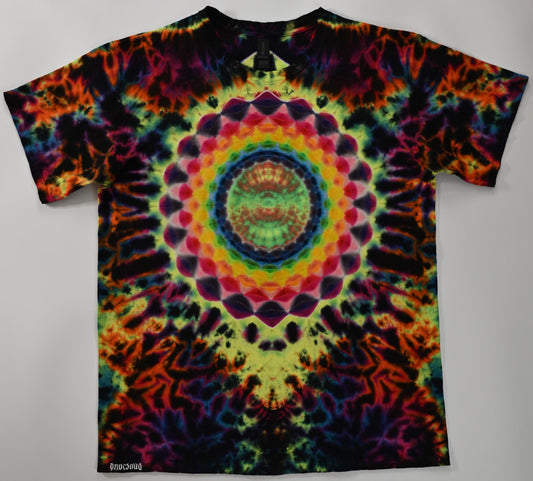 Large Heady UV Reactive 20pt Mandala w/ Ripple Cntr/Jagged Exclamation Point! Back Shield/Scrunch Tie Dye on a Gildan Ultra PFD  T-Shirt