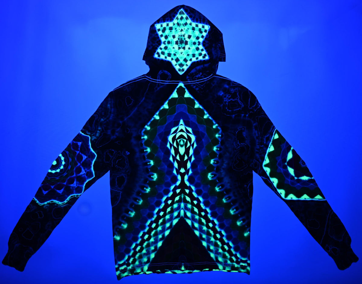 M 18Pt Mandala Hexagon Cntr/ Wrap Around Geometric Tower/ Hexagram Hood/ 12Pt Mandala L Slv/Hexagon R Slv/Geode Tie Dye on a Long-Slv Hoodie