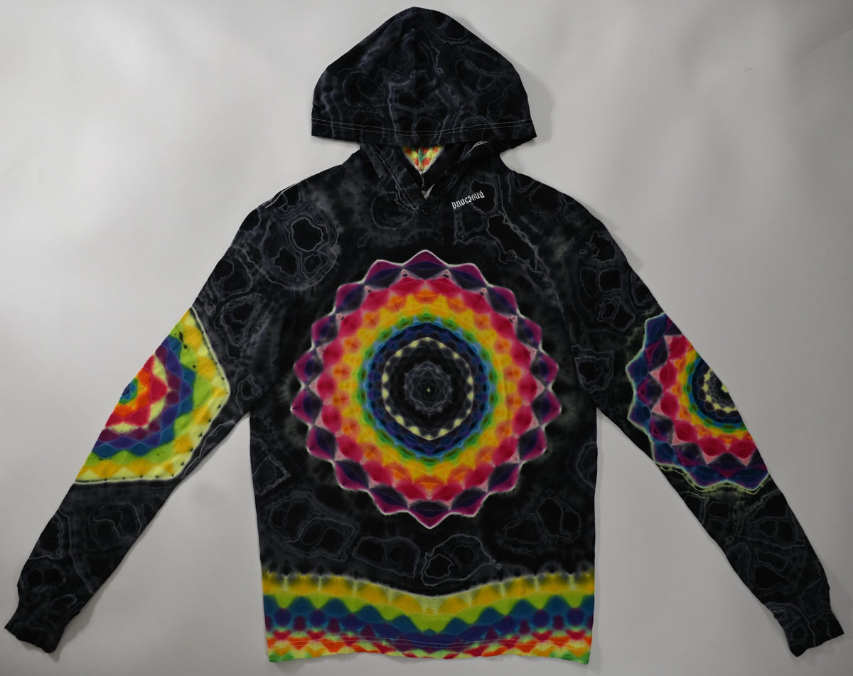 M 18Pt Mandala Hexagon Cntr/ Wrap Around Geometric Tower/ Hexagram Hood/ 12Pt Mandala L Slv/Hexagon R Slv/Geode Tie Dye on a Long-Slv Hoodie