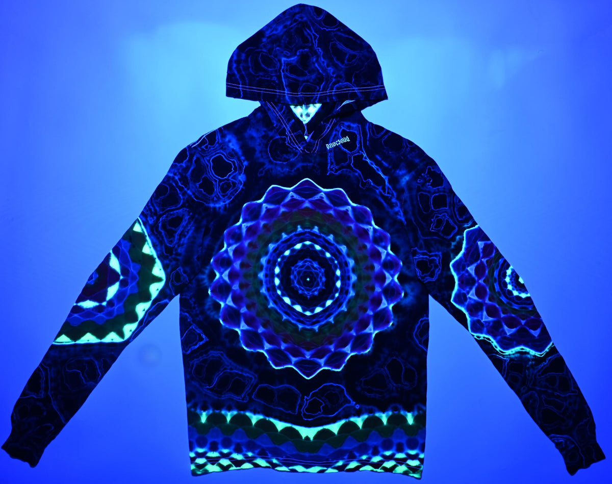 M 18Pt Mandala Hexagon Cntr/ Wrap Around Geometric Tower/ Hexagram Hood/ 12Pt Mandala L Slv/Hexagon R Slv/Geode Tie Dye on a Long-Slv Hoodie