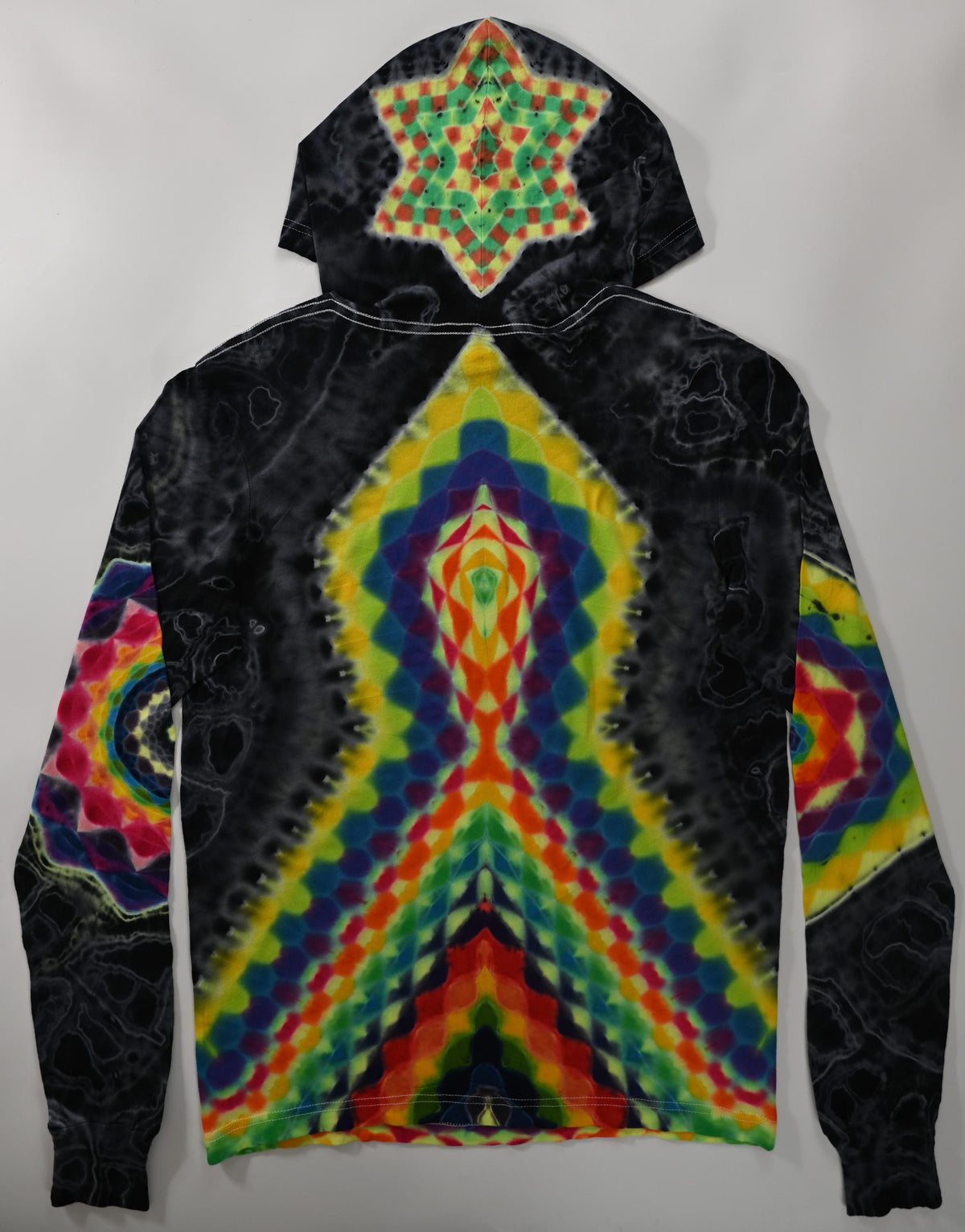 M 18Pt Mandala Hexagon Cntr/ Wrap Around Geometric Tower/ Hexagram Hood/ 12Pt Mandala L Slv/Hexagon R Slv/Geode Tie Dye on a Long-Slv Hoodie