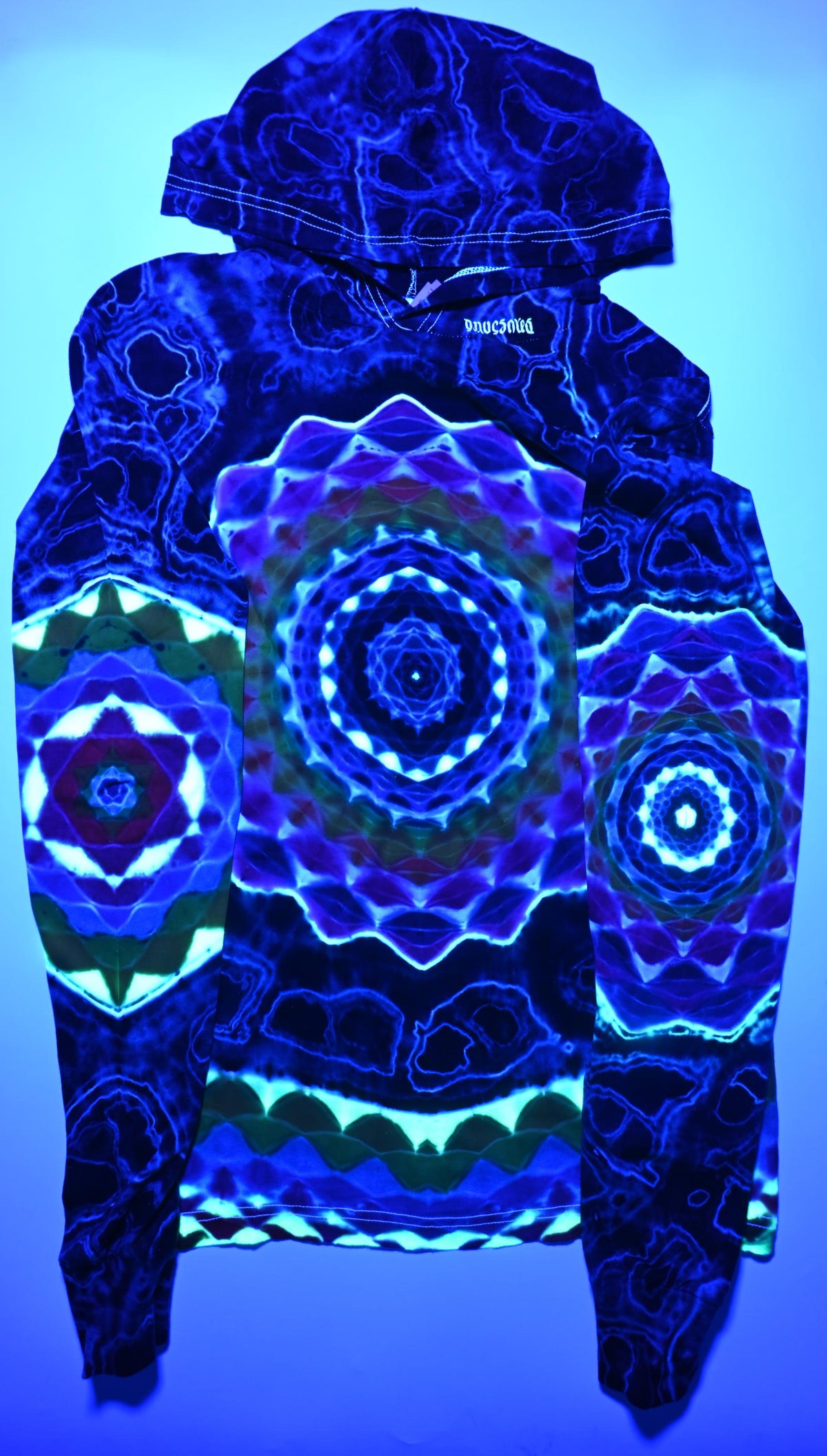 M 18Pt Mandala Hexagon Cntr/ Wrap Around Geometric Tower/ Hexagram Hood/ 12Pt Mandala L Slv/Hexagon R Slv/Geode Tie Dye on a Long-Slv Hoodie