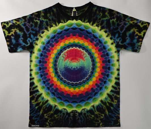 XL Ultra Heady Uv Reactive 30Pt Mandala w/ Ripple Cntr /Neo-DNA Triangle/Scrunch Tie Dye on a Gildan Ultra Cotton PFD T-Shirt