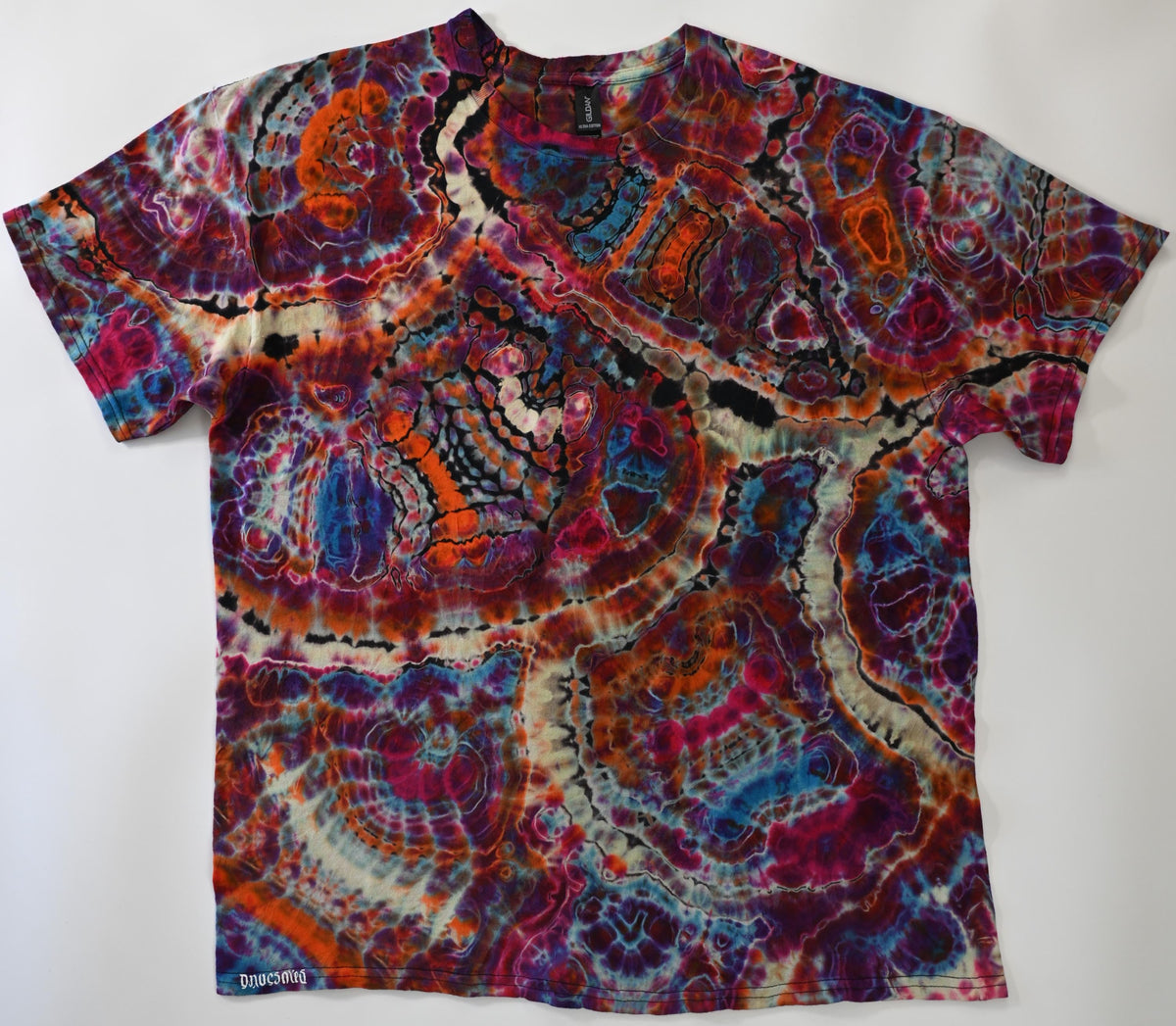 XL Cosmic Egg/Geode Hybrid Reverse Tie Dye on what was a black Gildan Ultra Cotton T-Shirt