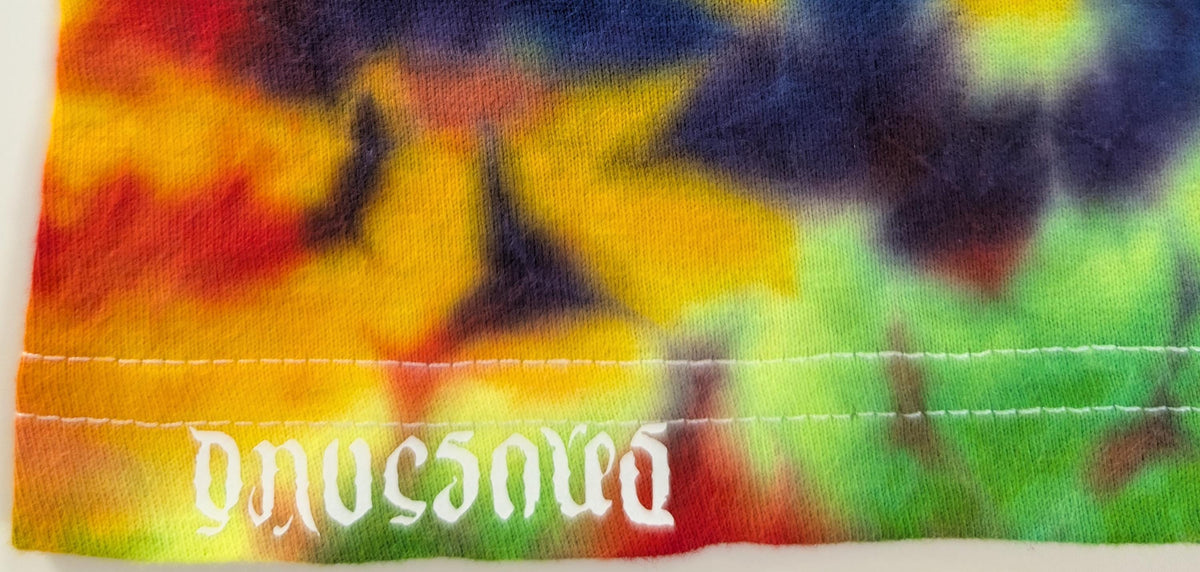 XL UV Reactive (Psychedelic Sunshine + a Mixed Bright Green) Rainbow Rorschach Scrunch Tie Dye on a Tultex 290 Ringspun Cotton Shirt