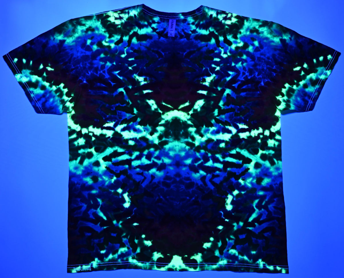XL UV Reactive (Psychedelic Sunshine + a Mixed Bright Green) Rainbow Rorschach Scrunch Tie Dye on a Tultex 290 Ringspun Cotton Shirt