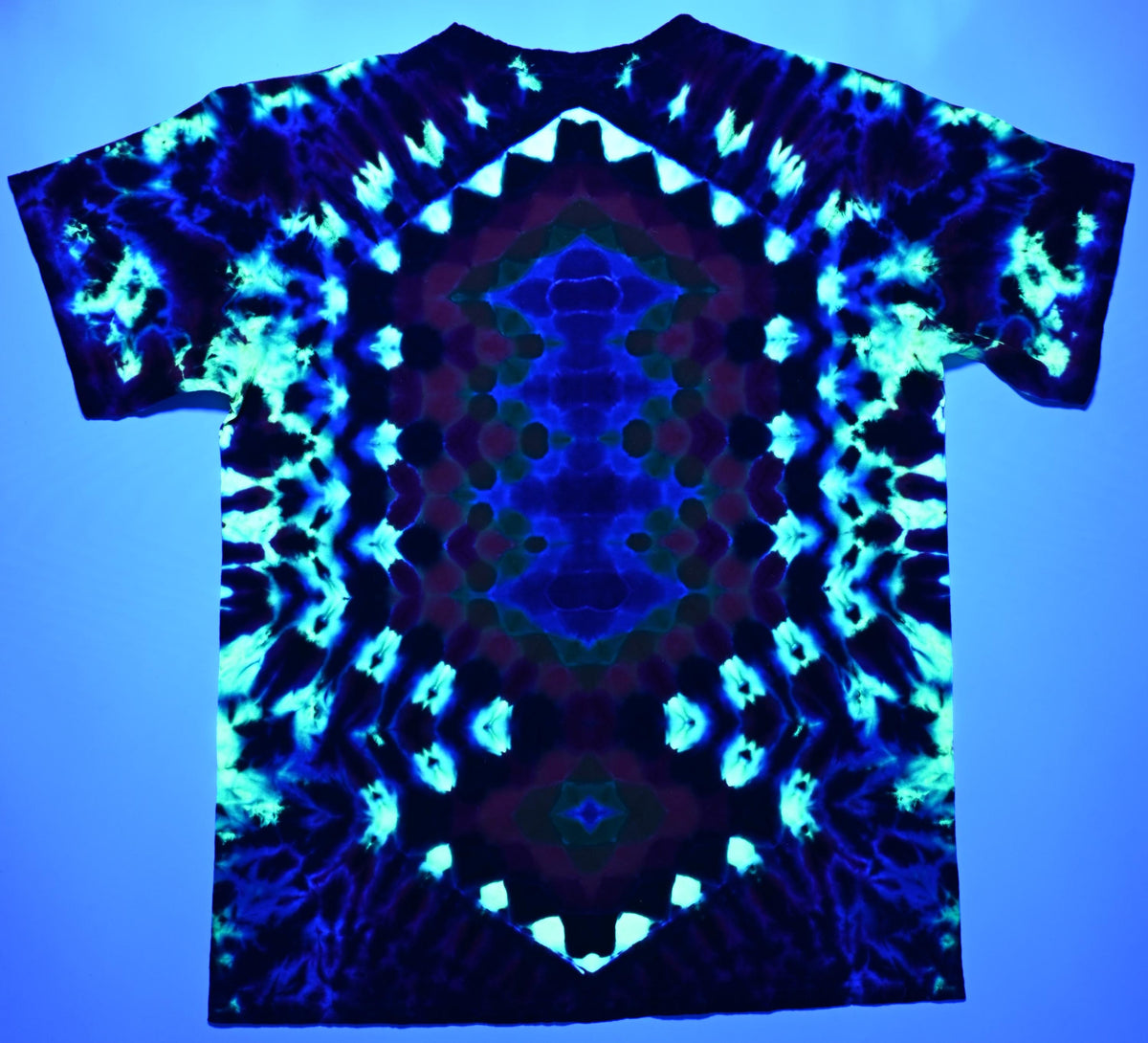Large Heady UV Reactive 20pt Mandala w/ Ripple Cntr/Jagged Exclamation Point! Back Shield/Scrunch Tie Dye on a Gildan Ultra PFD  T-Shirt