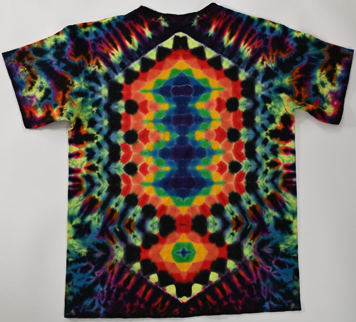 Large Heady UV Reactive 20pt Mandala w/ Ripple Cntr/Jagged Exclamation Point! Back Shield/Scrunch Tie Dye on a Gildan Ultra PFD  T-Shirt