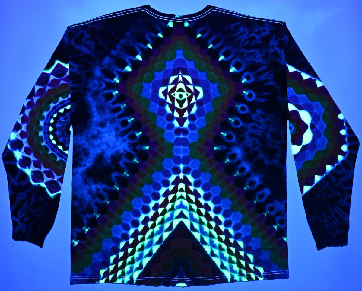 2X UV Reactive 30Pt Mandala w/ Ripple Cntr/ Geometric Tower/ 18Pt Mandala w/ Hexagon Cntr L Slv/Hexagon R Slv/Scrunch Tie Dye Long Slv Shirt