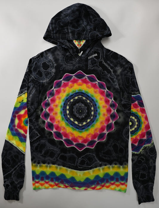 M 18Pt Mandala Hexagon Cntr/ Wrap Around Geometric Tower/ Hexagram Hood/ 12Pt Mandala L Slv/Hexagon R Slv/Geode Tie Dye on a Long-Slv Hoodie