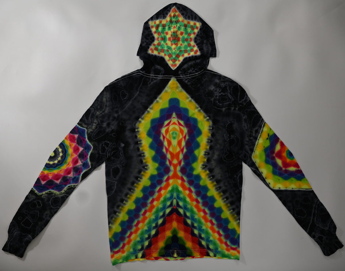 M 18Pt Mandala Hexagon Cntr/ Wrap Around Geometric Tower/ Hexagram Hood/ 12Pt Mandala L Slv/Hexagon R Slv/Geode Tie Dye on a Long-Slv Hoodie