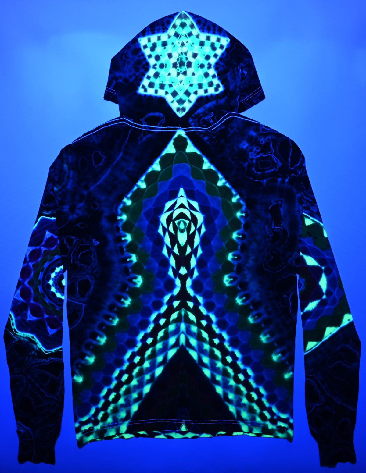 M 18Pt Mandala Hexagon Cntr/ Wrap Around Geometric Tower/ Hexagram Hood/ 12Pt Mandala L Slv/Hexagon R Slv/Geode Tie Dye on a Long-Slv Hoodie
