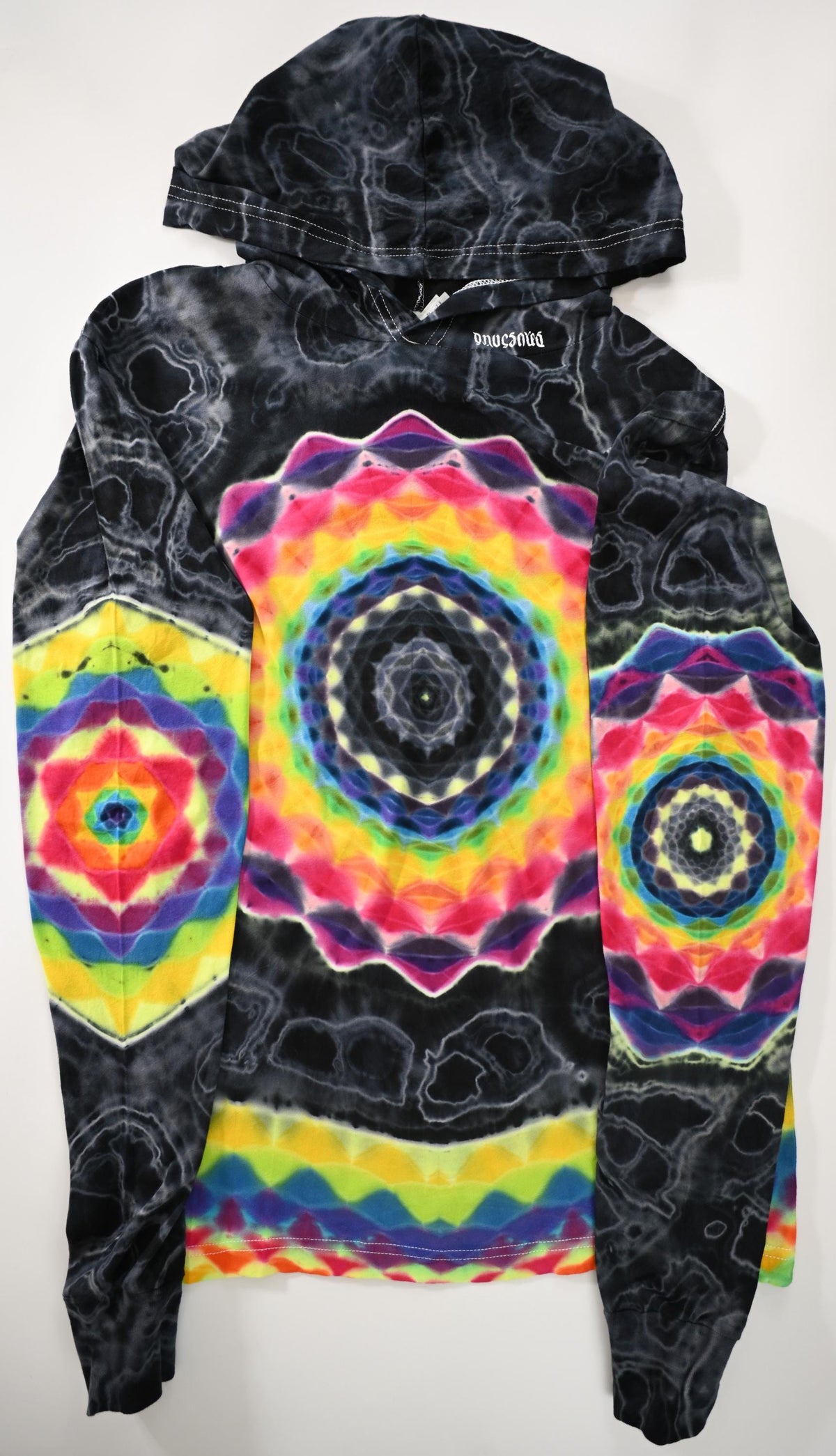 M 18Pt Mandala Hexagon Cntr/ Wrap Around Geometric Tower/ Hexagram Hood/ 12Pt Mandala L Slv/Hexagon R Slv/Geode Tie Dye on a Long-Slv Hoodie