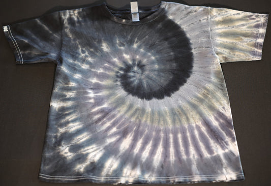 Youth Large Greys, Black + White Spiral "Crystal Wash" Low Water Immersion Tie Dye on a Gildan Ultra Cotton T-Shirt