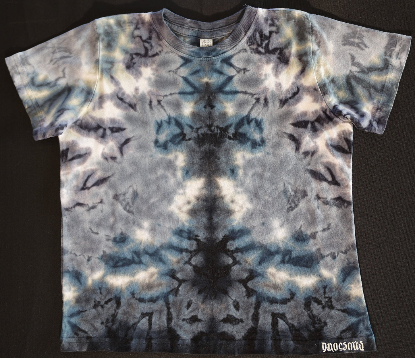 Kids 5/6 Greys, Black, White Scrunch "Crystal Wash" low water immersion tie dye on a Rabbit Skins Cotton T-Shirt