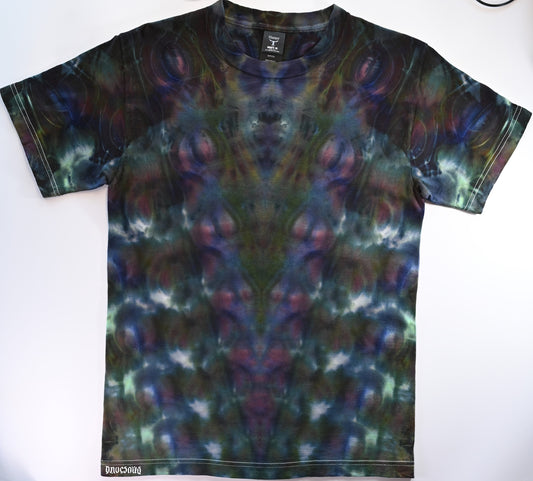 Small "Cosmic V Roll" Ice Dye Tie Dye on a Hanes Beefy Ringspun Cotton T-Shirt